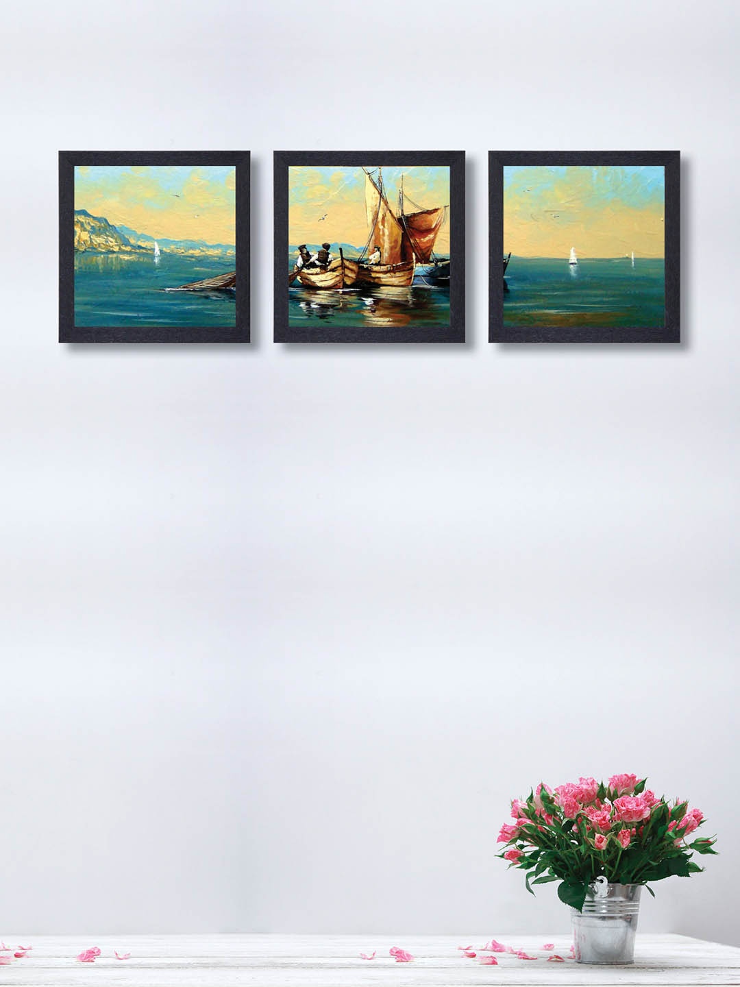 

nest ART Set of 3 Blue & Brown Boat Framed Paintings, Yellow