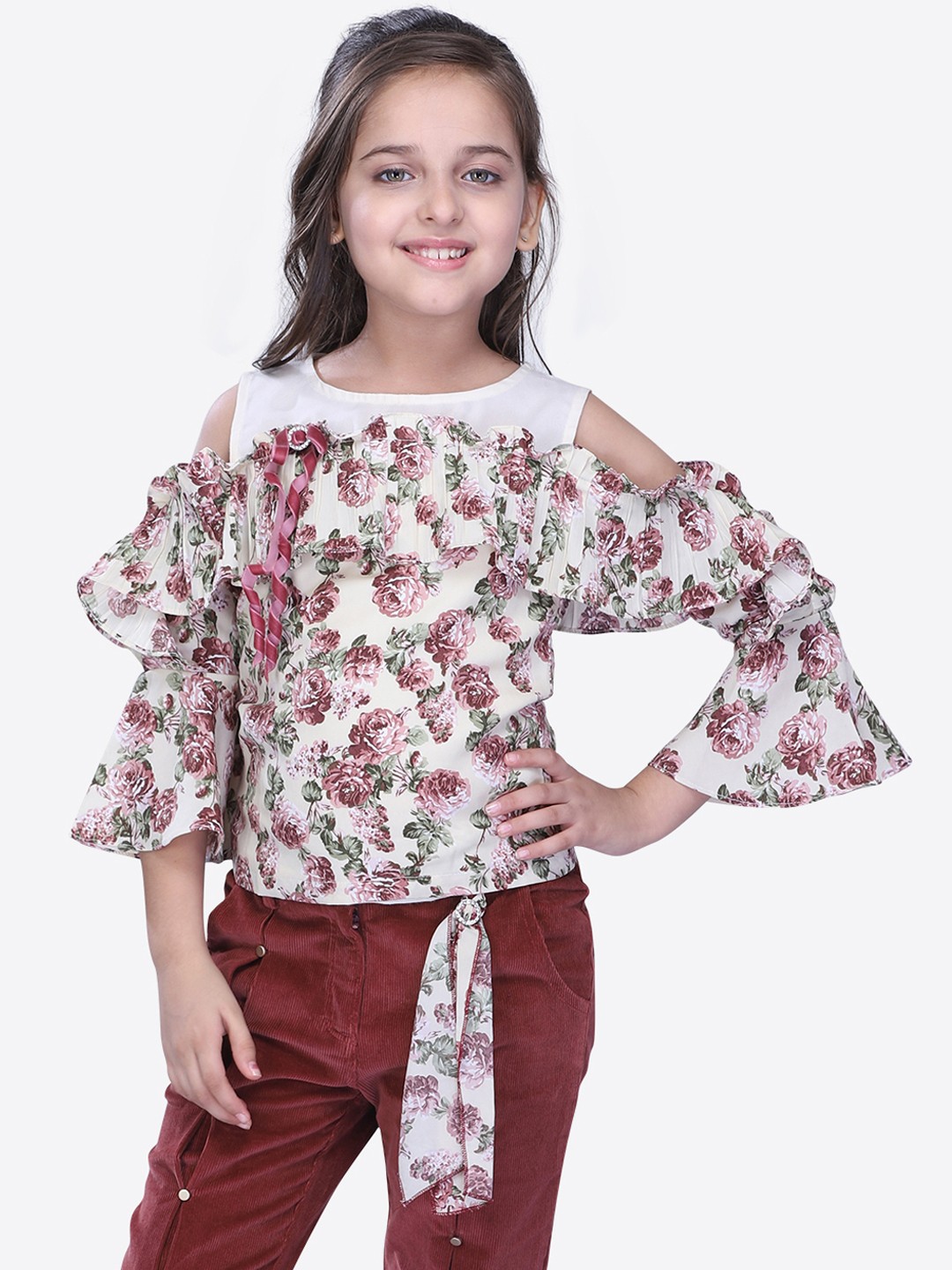 

CUTECUMBER Girls Cream-Coloured & Pink Printed Top