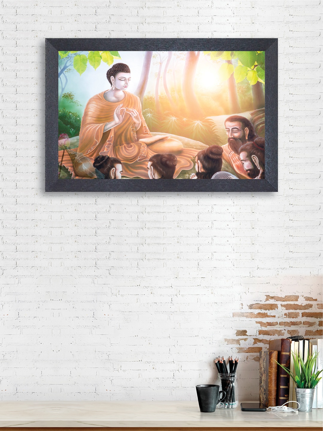 

nest ART Orange & Blue Buddha Sitting With Followers Framed Painting