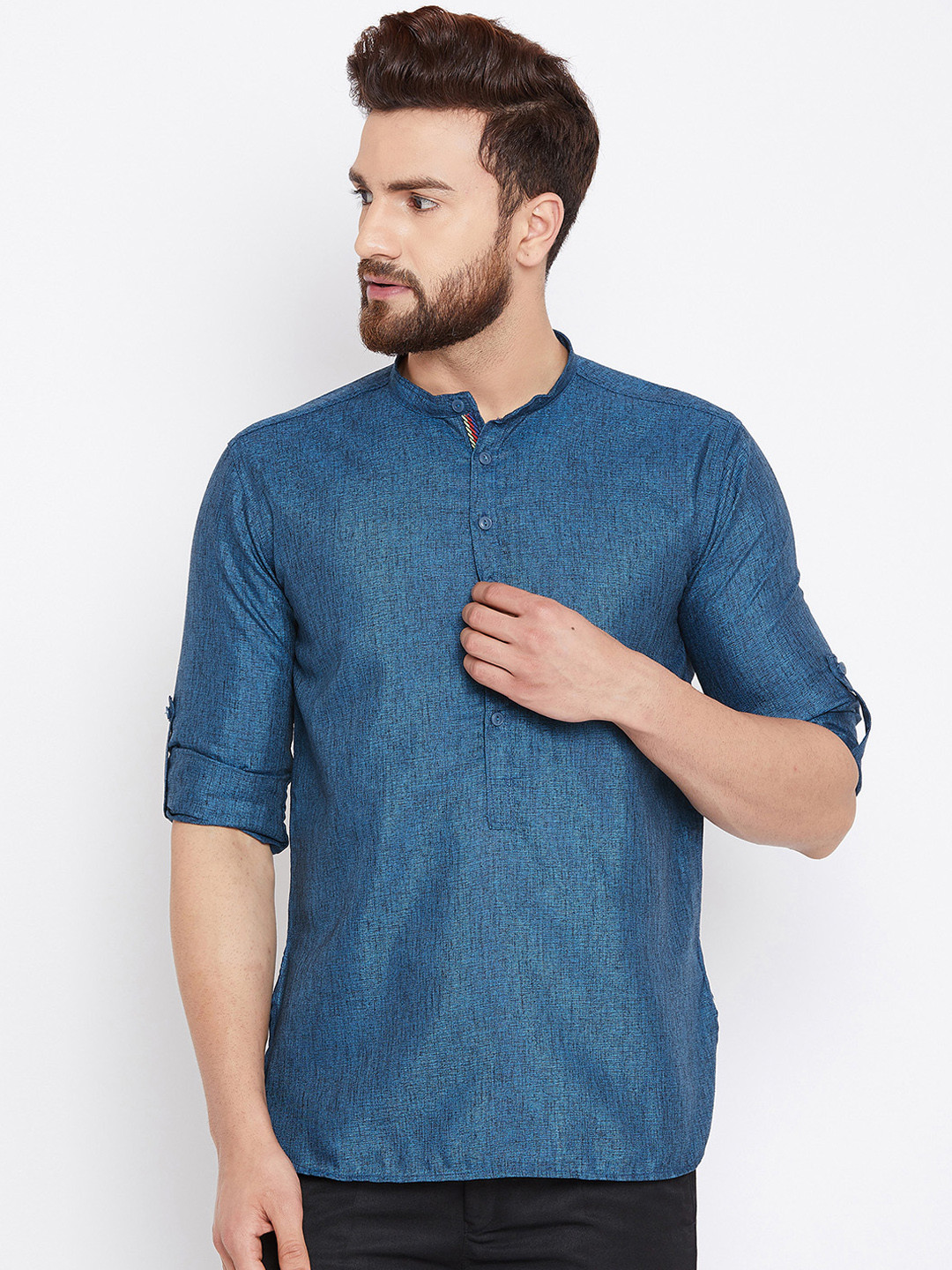 

even Men Blue Woven Design Straight Kurta