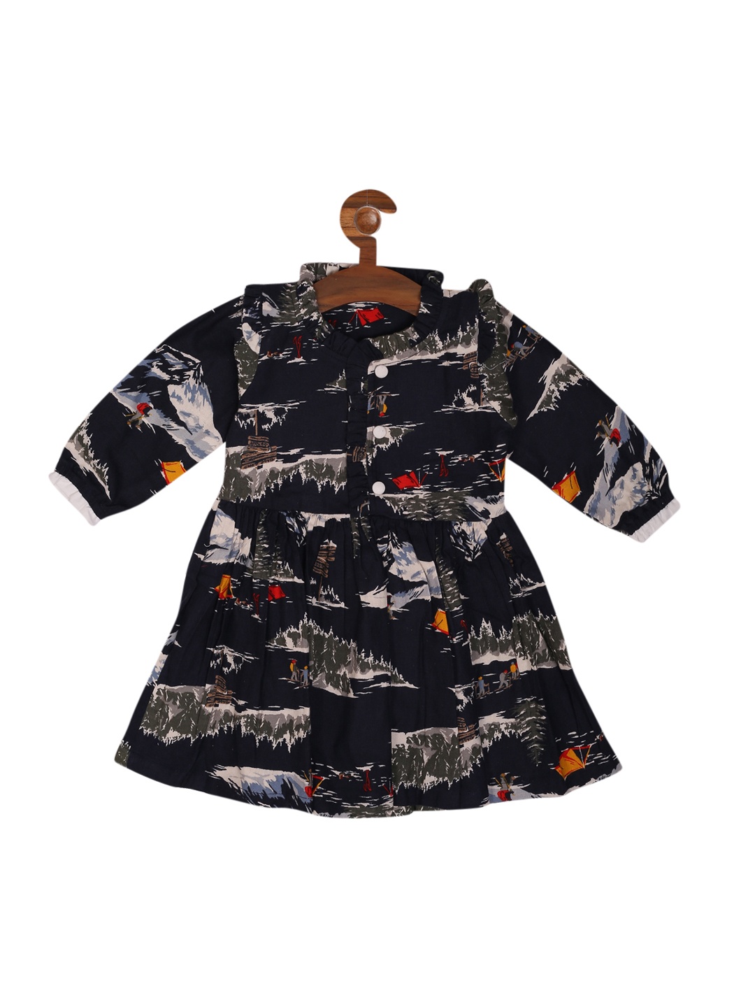 

RIKIDOOS Girls Navy Blue Printed Fit and Flare Dress
