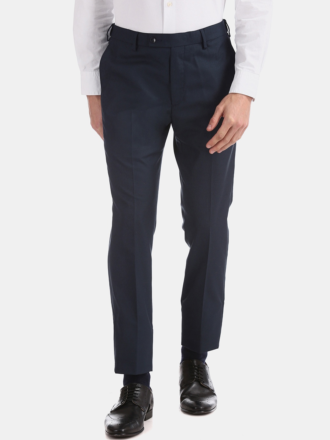 

Arrow Men Navy Blue Tapered Fit Self Design Formal Trousers