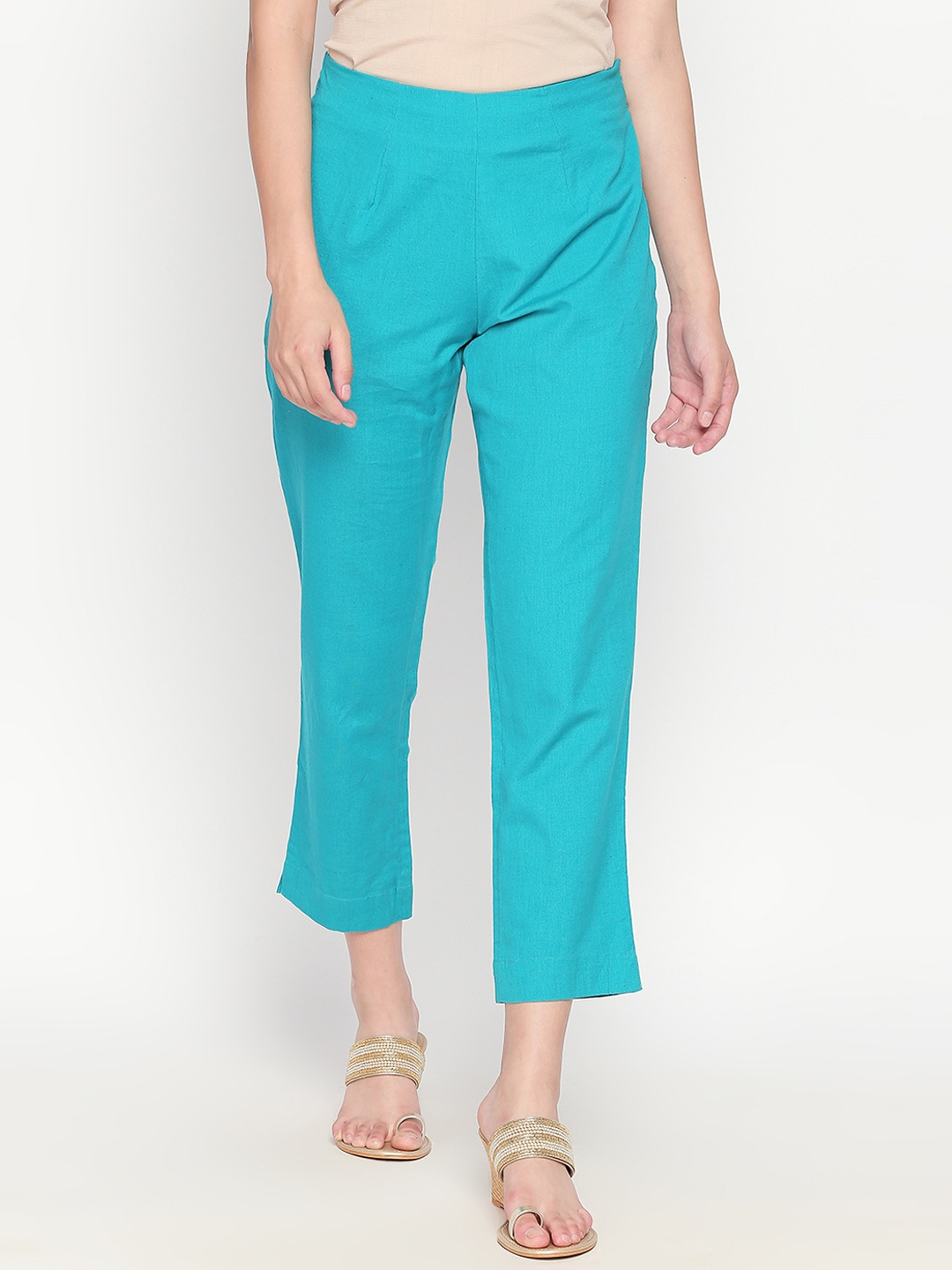 

RANGMANCH BY PANTALOONS Women Turquoise Blue Regular Fit Solid Regular Trousers