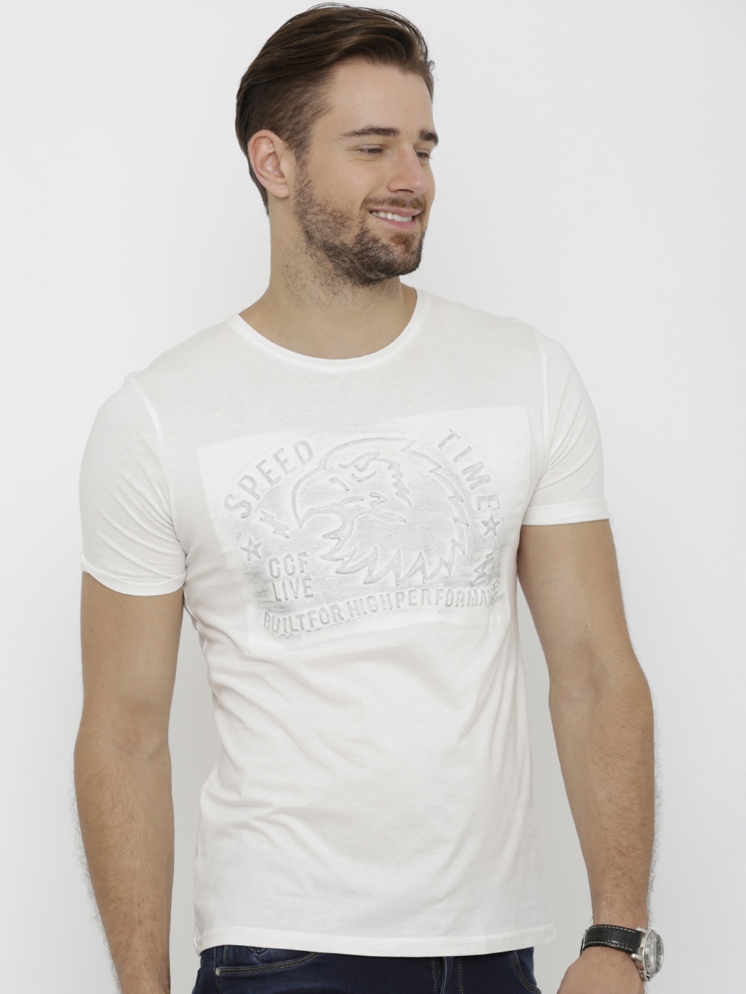 

Rex Straut Jeans Men White Printed Round Neck Slim Fit T-shirt