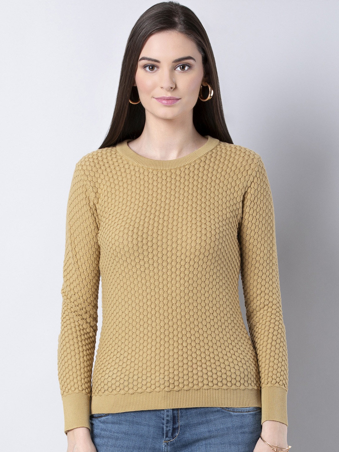 

FabAlley Women Beige Self Design Pullover Sweater