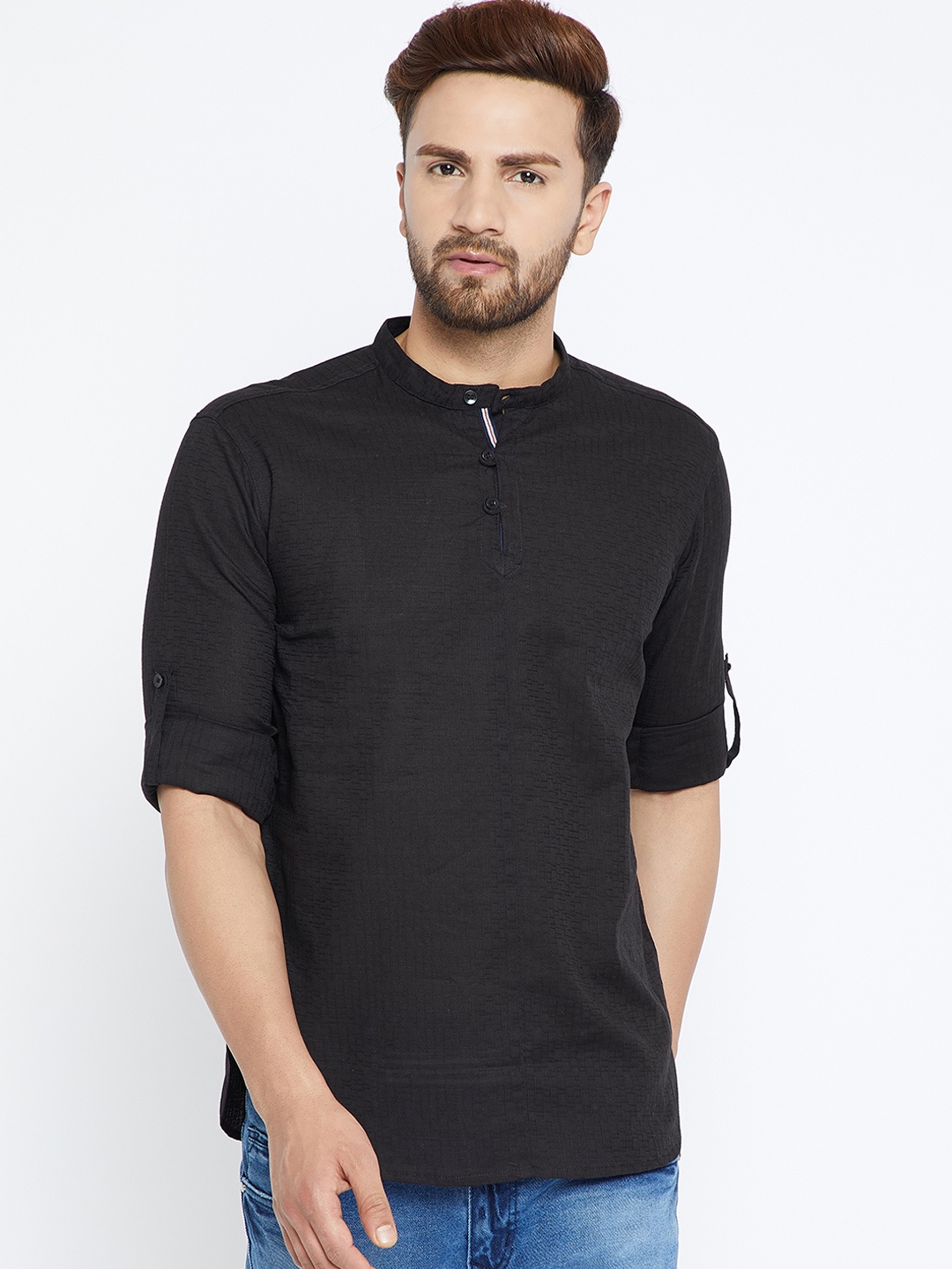 

even Men Black Solid Dobby Weave Straight Kurta