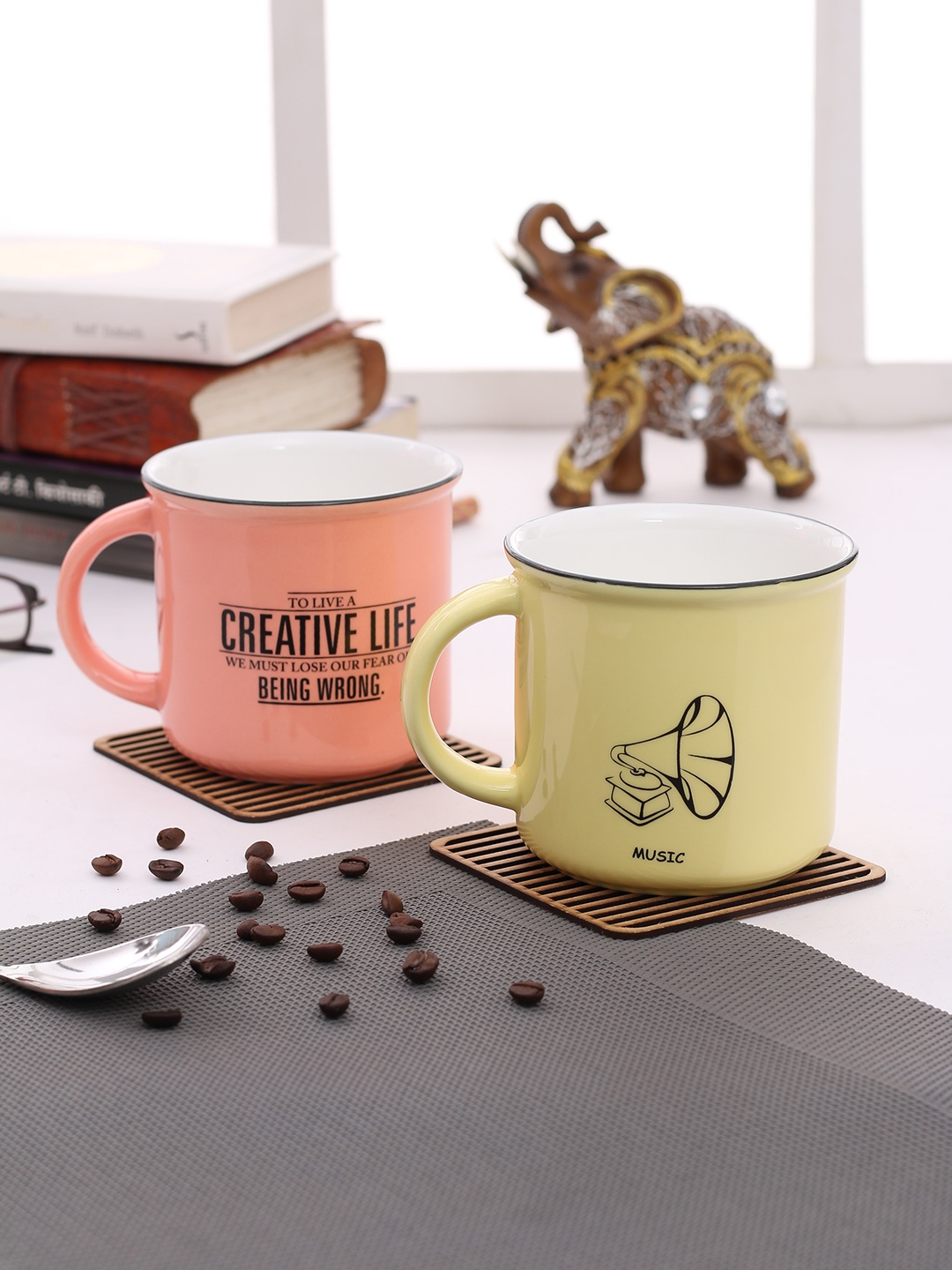 JCPL Yellow & Peach-Coloured 2-Pieces Printed Porcelain Cups Set