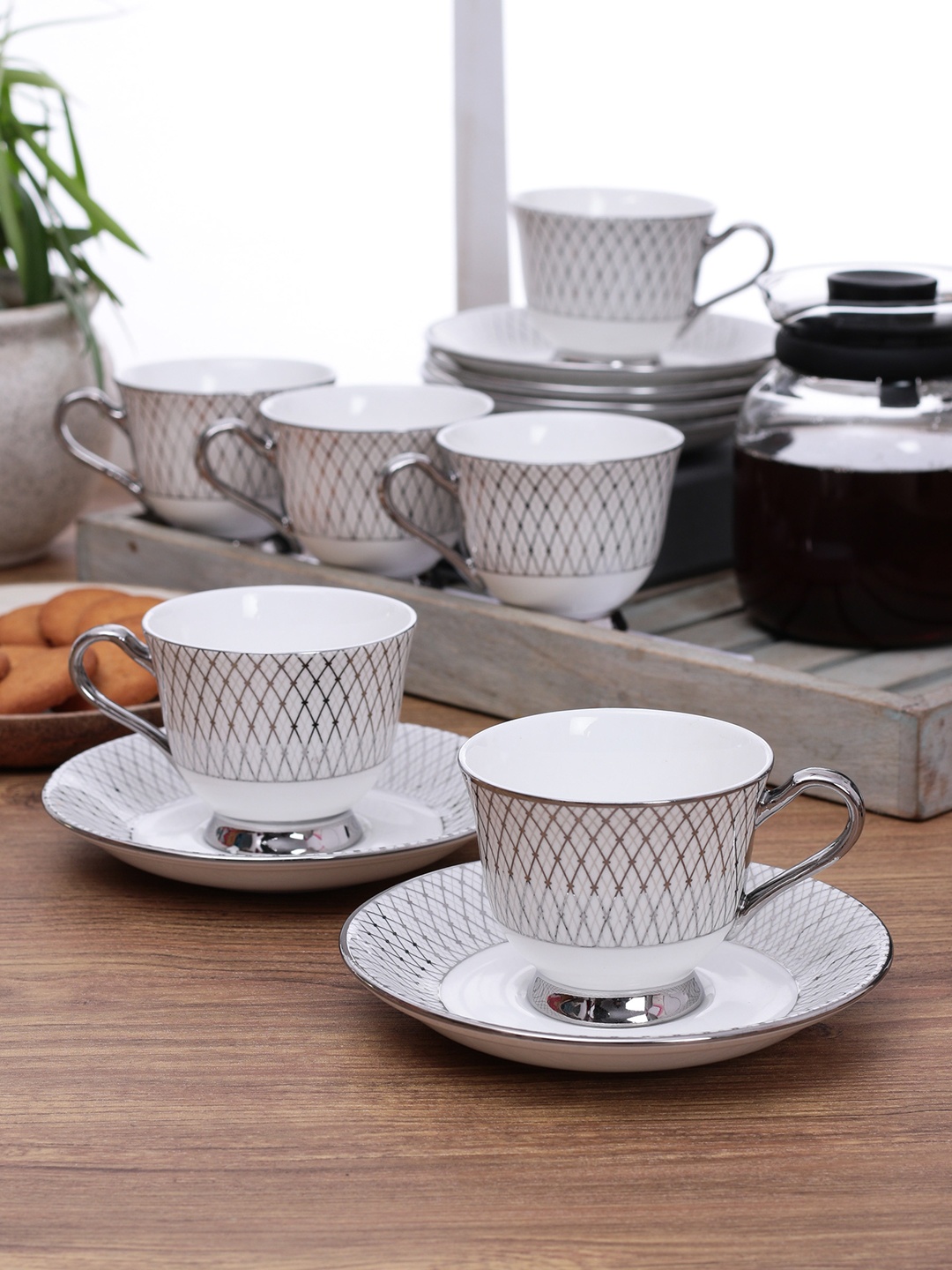 

CLAY CRAFT White & Grey Set of 6 Printed Bone China Cups and Saucers
