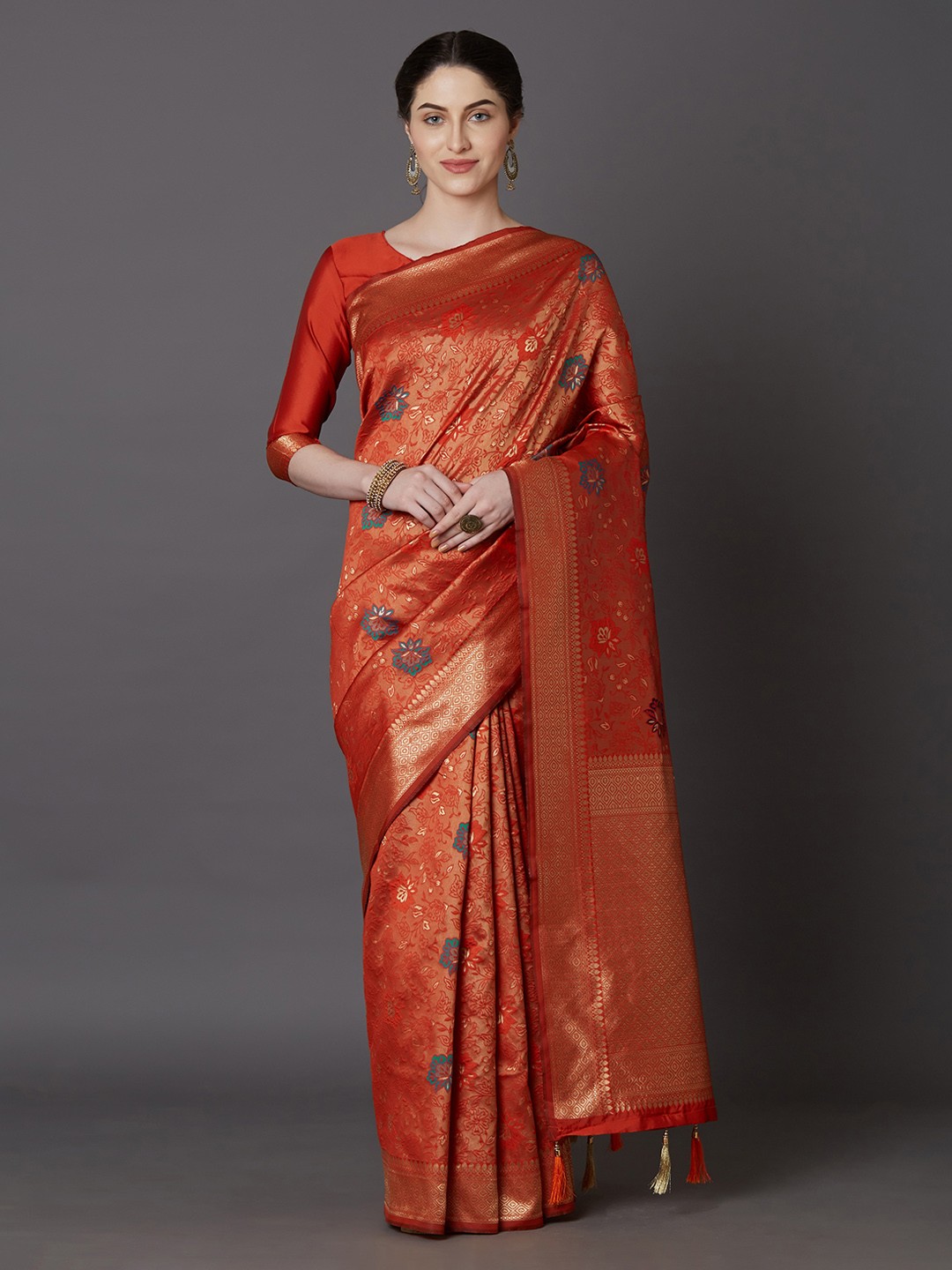 

Mitera Orange Silk Blend Woven Design Kanjeevaram Saree