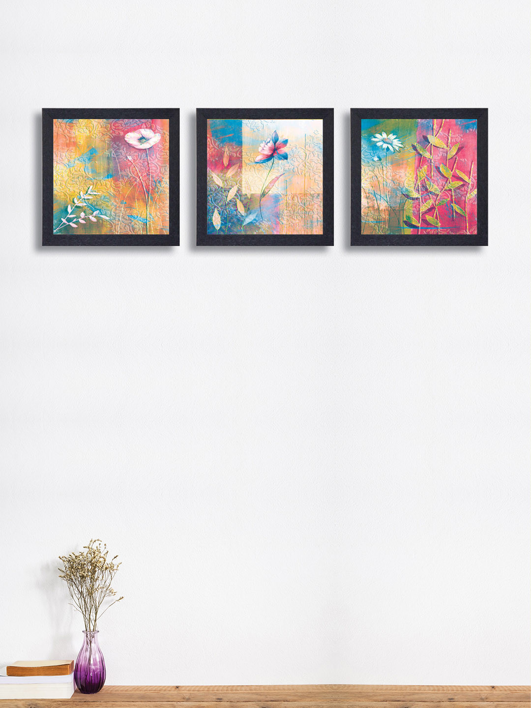 

nest ART Set of 3 Pink & Blue Textured Frame Floral Abstract Wall Art