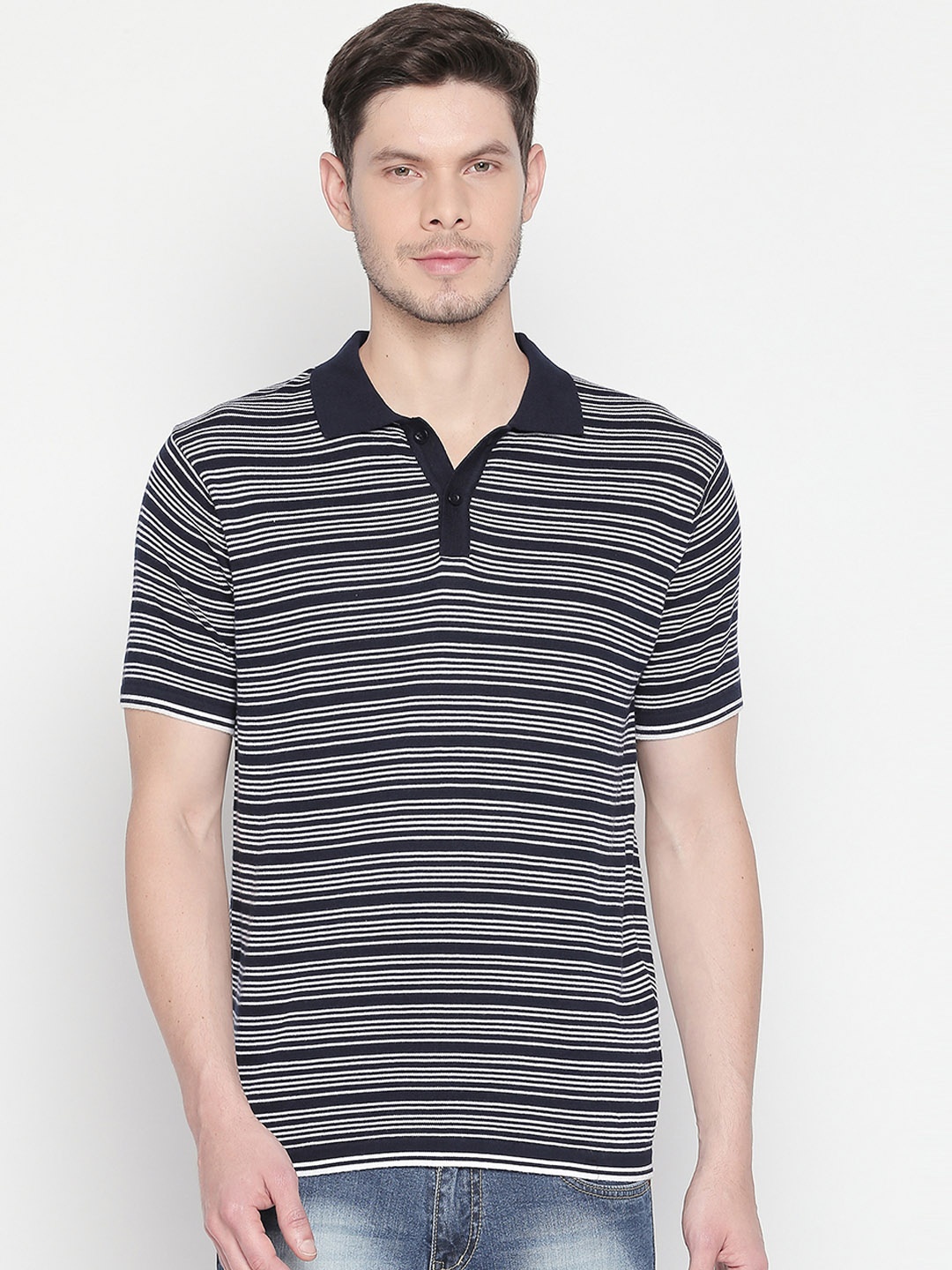 

BYFORD by Pantaloons Men Navy Blue Striped Polo Collar Pure Cotton T-shirt