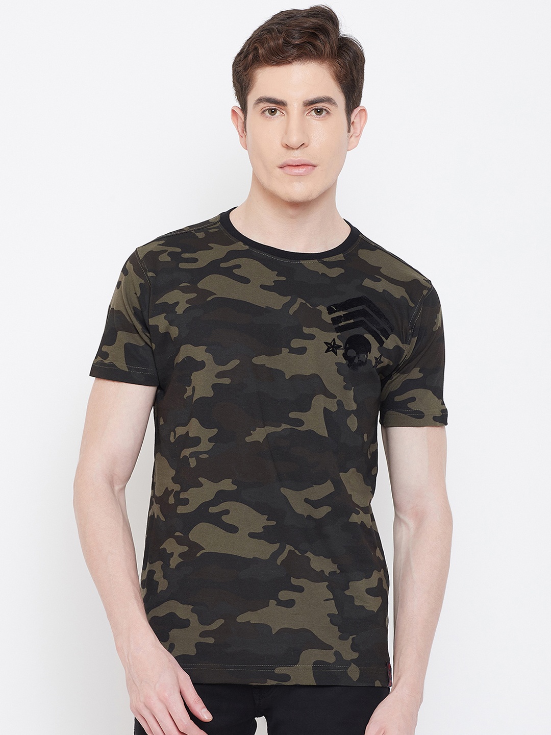 

PUNK Men Olive Green Camouflage Printed Round Neck T-shirt