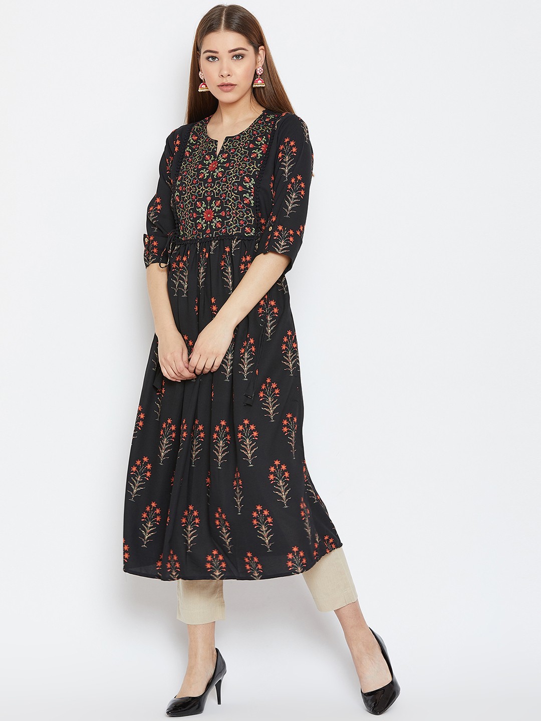 

One of a Kind Women Black & Red Printed Calf-Length Empire Kurta
