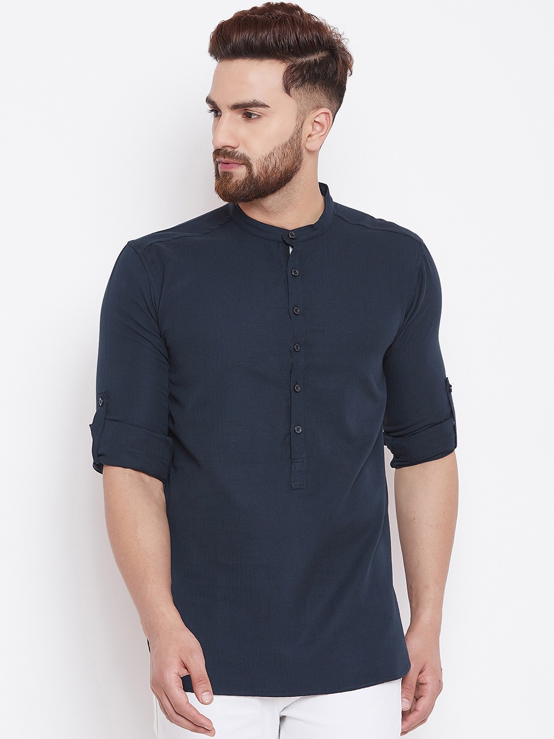 

even Men Navy Blue Woven Design Straight Kurta