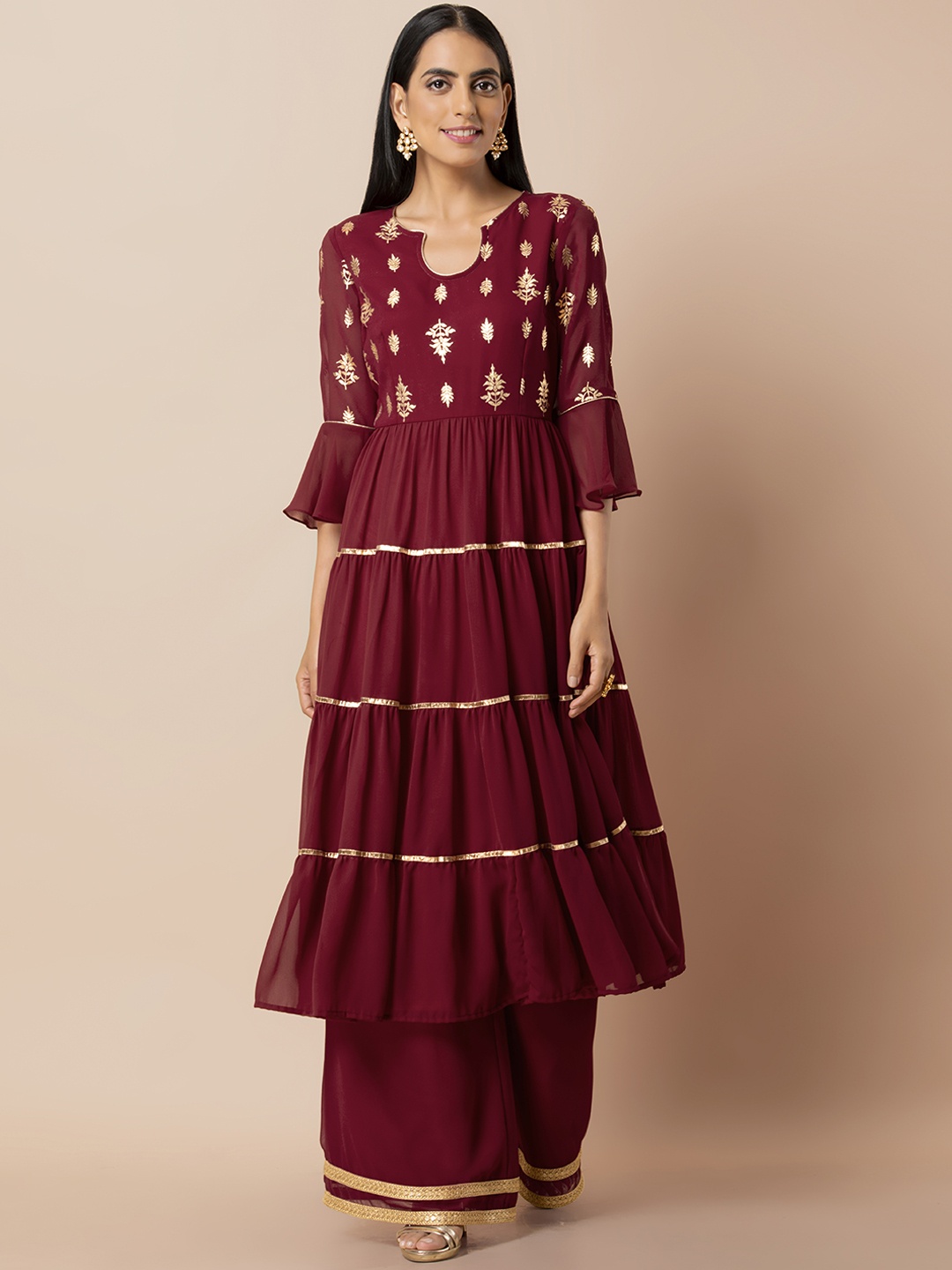 

INDYA Maroon & Golden Foil Print Tiered A-Line Tunic