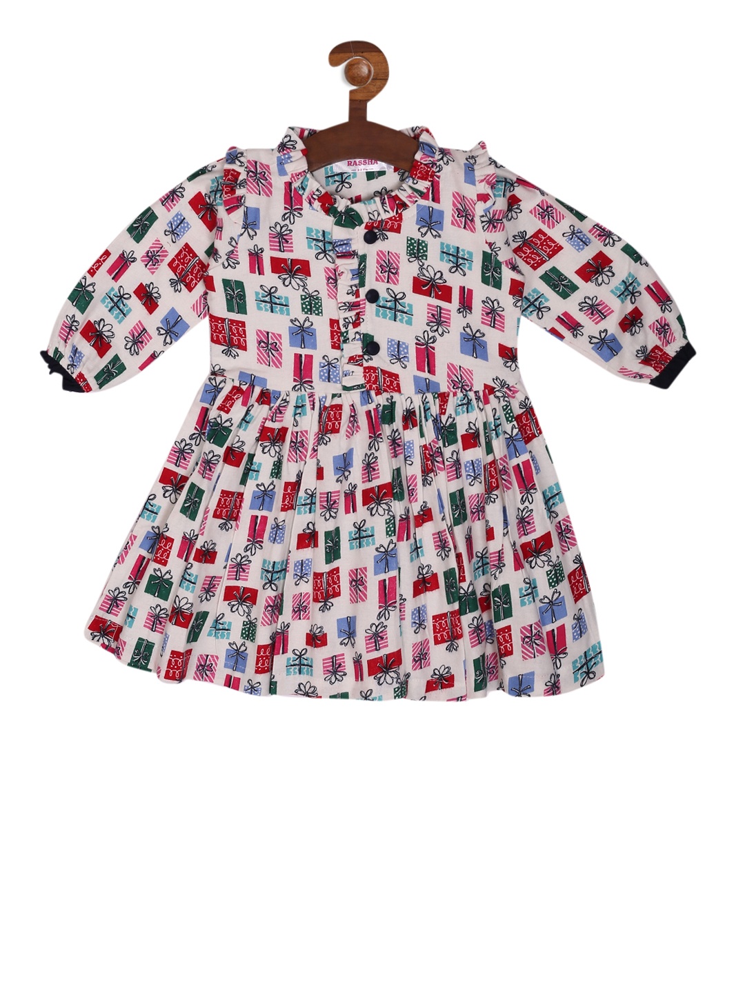 RIKIDOOS Girls Off-White & Red Quirky Printed Fit and Flare Dress