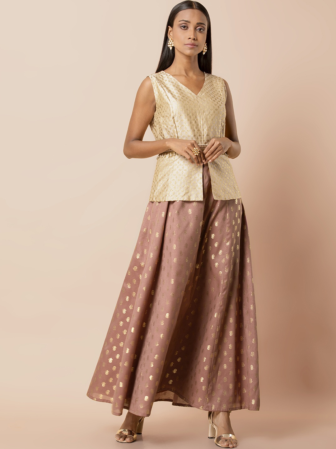 

INDYA Women Beige and Rose Belted Peplum Layered Kurti