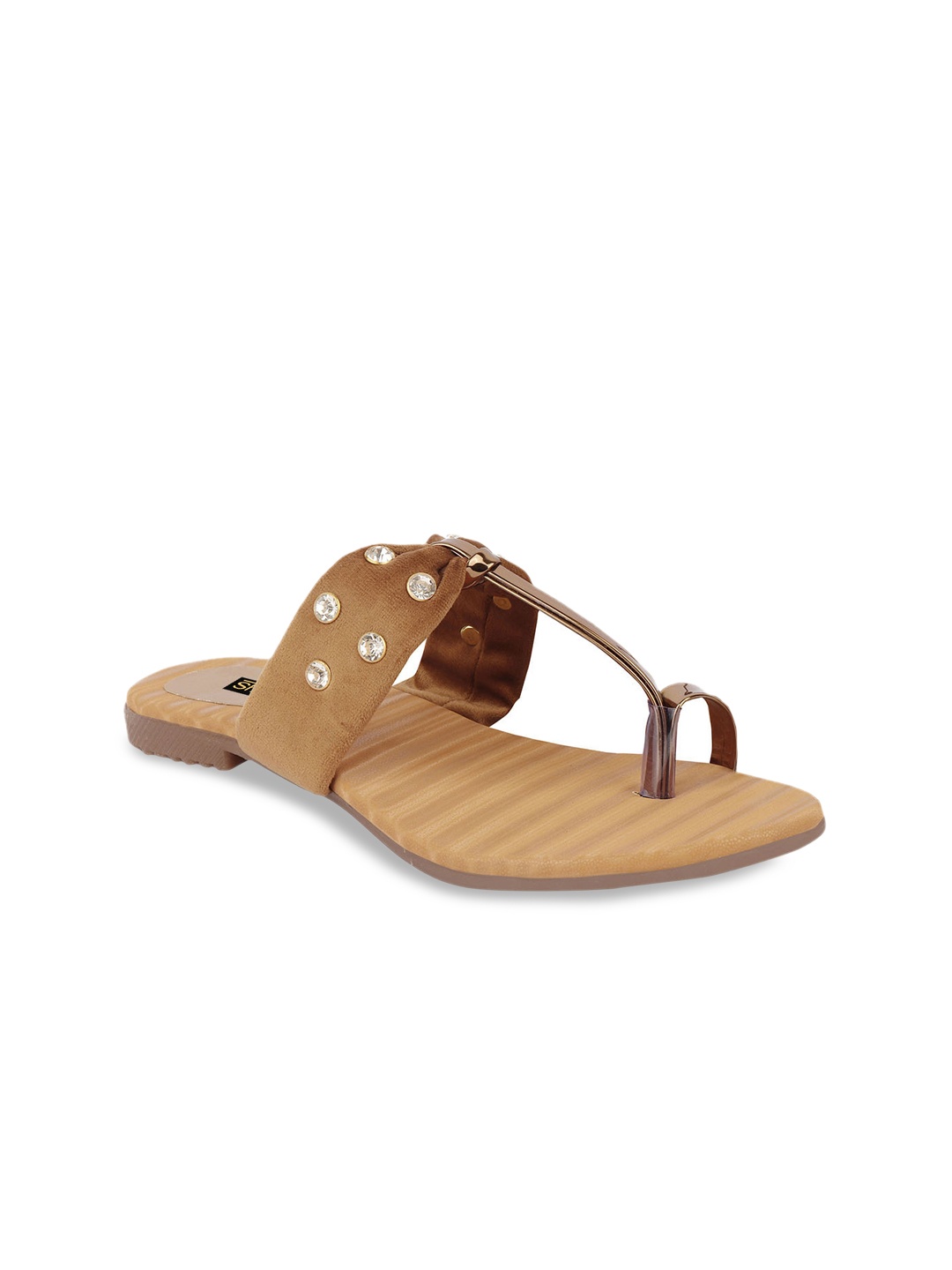 

Shoetopia Women Tan Solid Suede T-Strap Flats