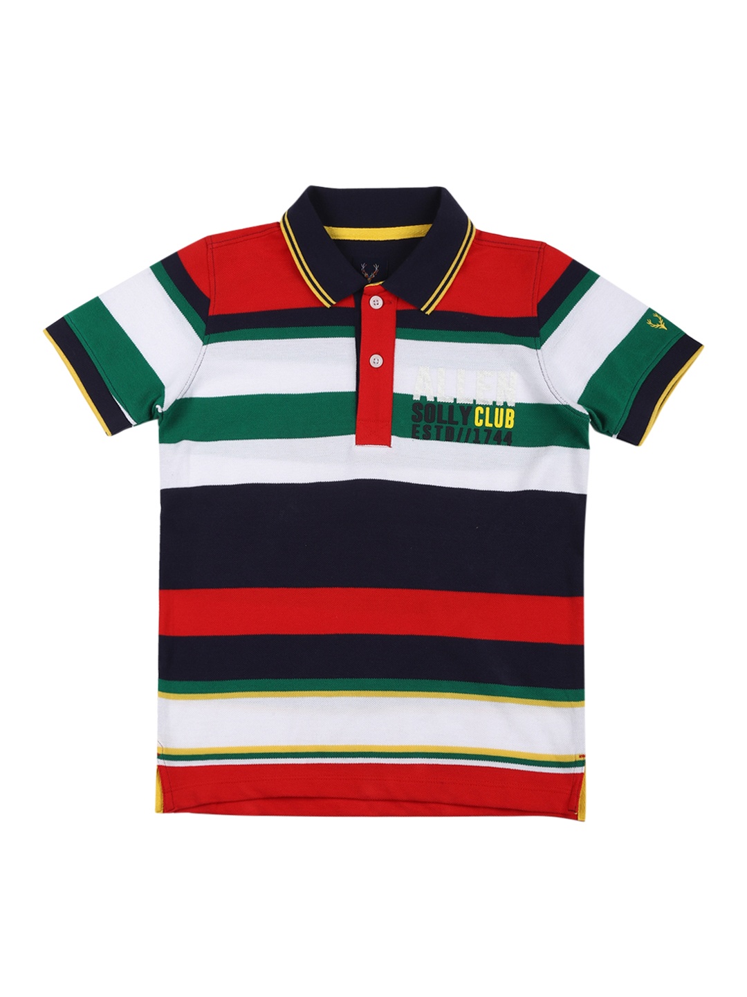 

Allen Solly Junior Boys Multicoloured Striped Polo Collar Pure Cotton T-shirt, Multi