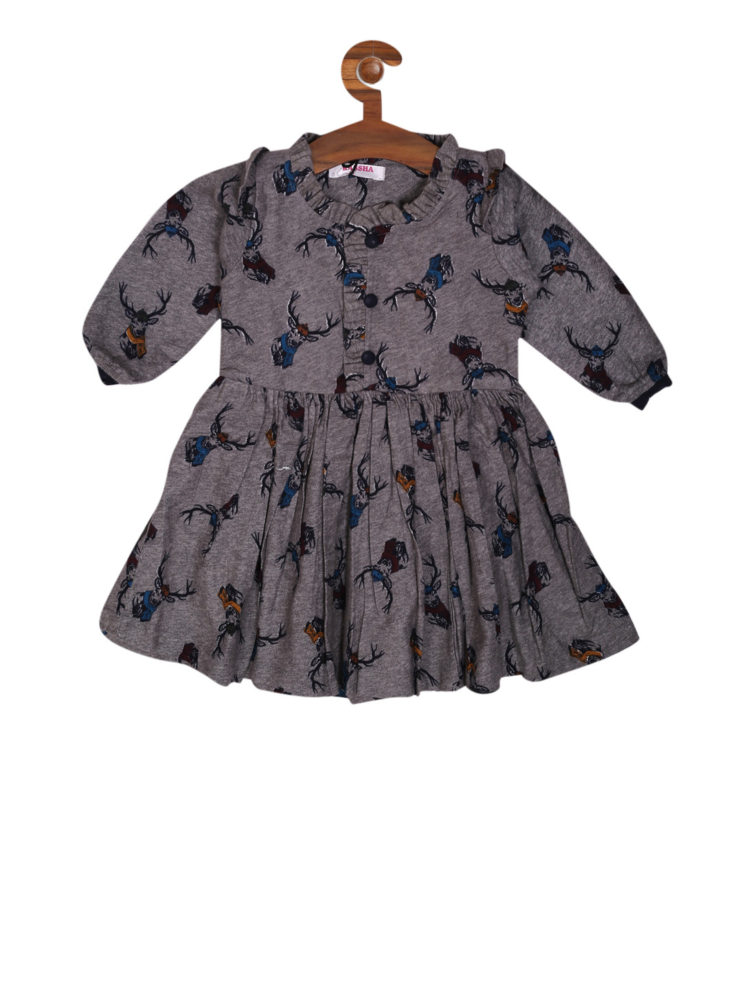 

RIKIDOOS Girls Grey Reindeer Print Fit and Flare Dress