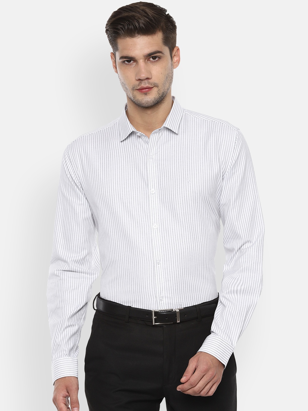 

V Dot Men White Slim Fit Striped Formal Shirt