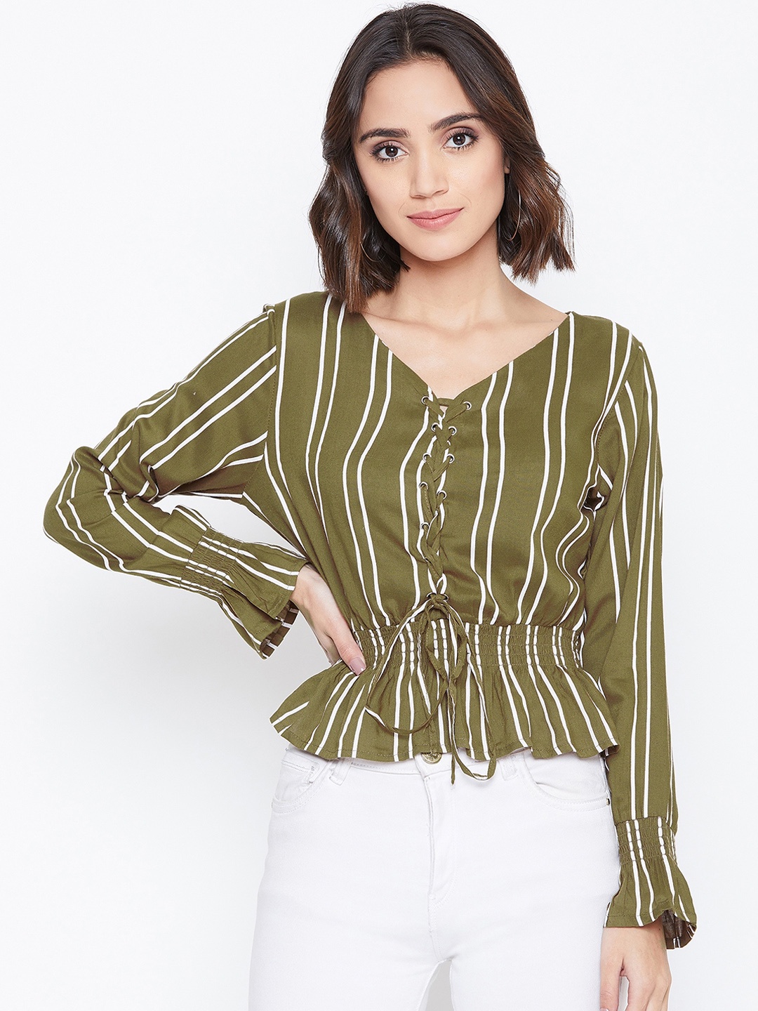 

Zastraa Women Olive Green Striped Cinched Waist Top