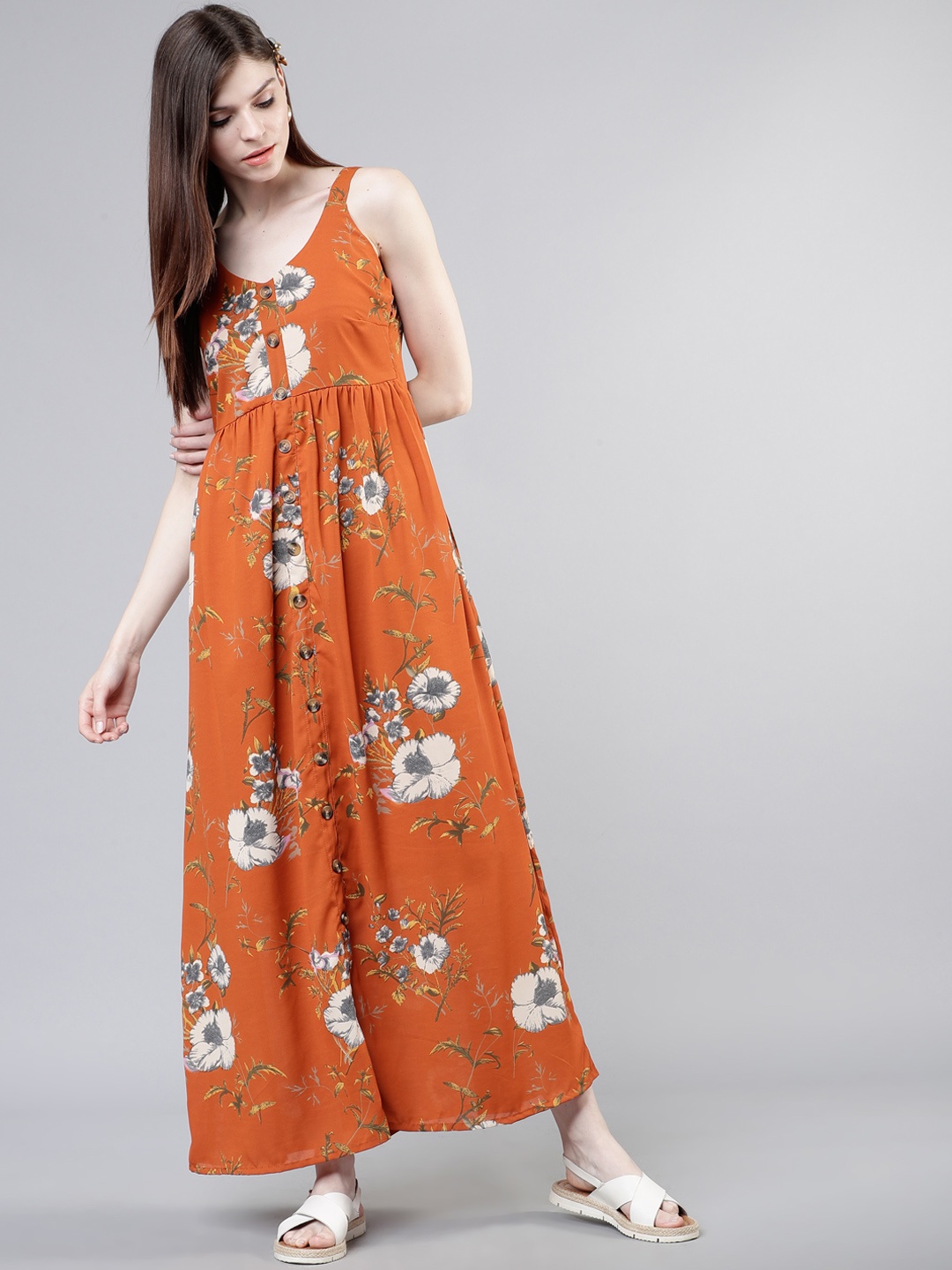 

Tokyo Talkies Women Rust Brown Floral Printed Maxi Dress
