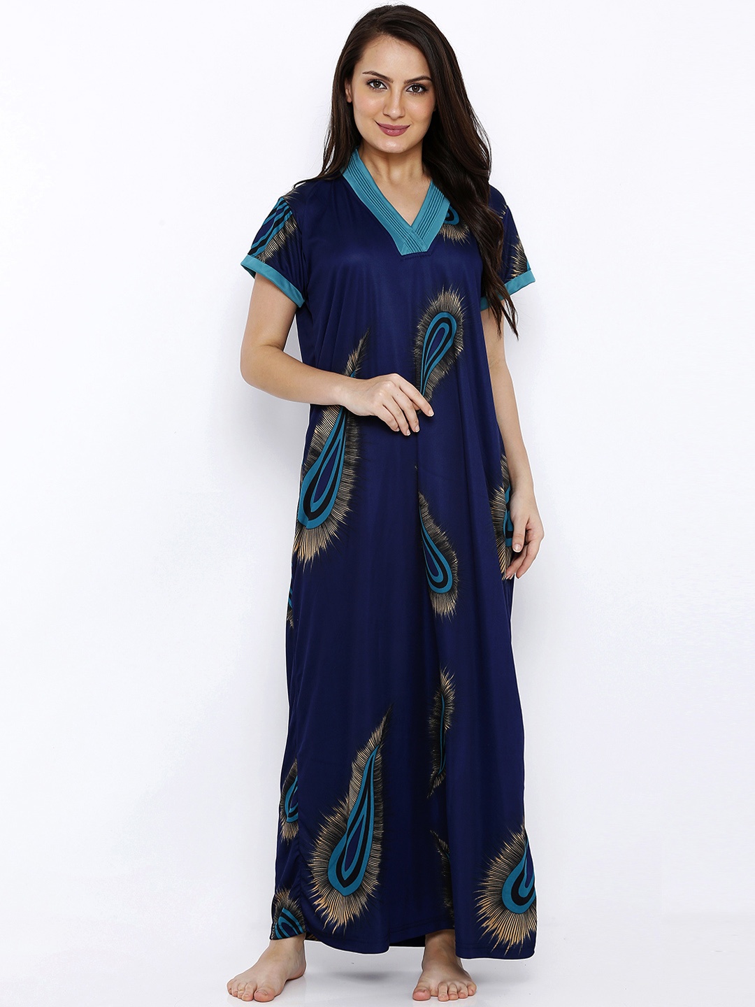 

Pretty Awesome Navy Blue & Green Printed Nightdress