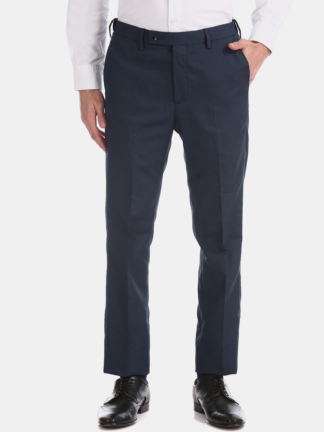 

Arrow Men Navy Blue Tapered Fit Self Design Formal Trousers