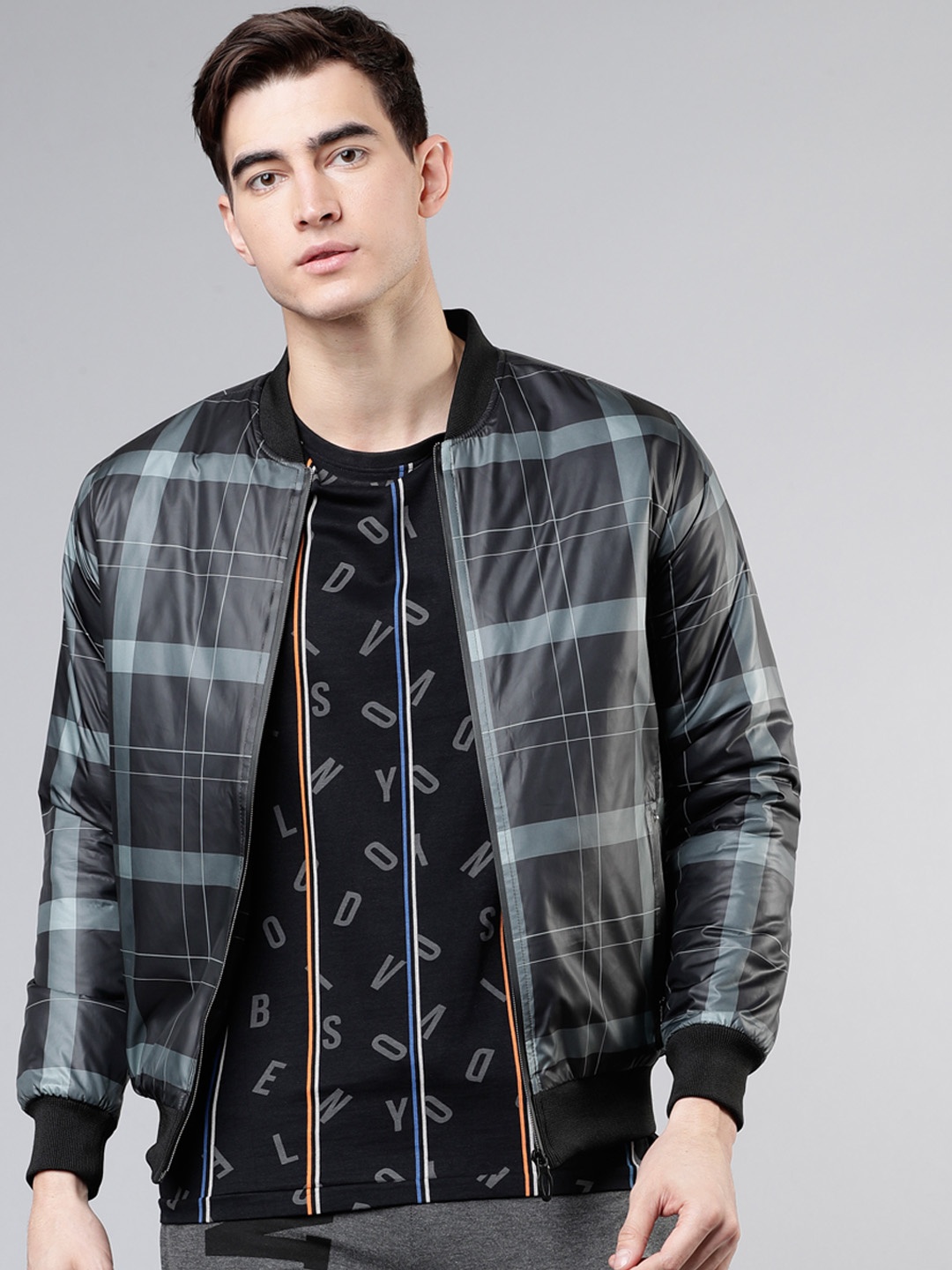 

HIGHLANDER Men Black & Grey Checked Bomber Jacket