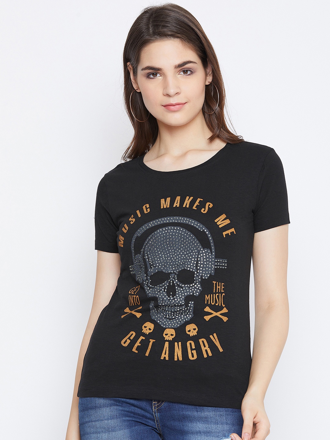 

PUNK Women Black Printed Round Neck T-shirt