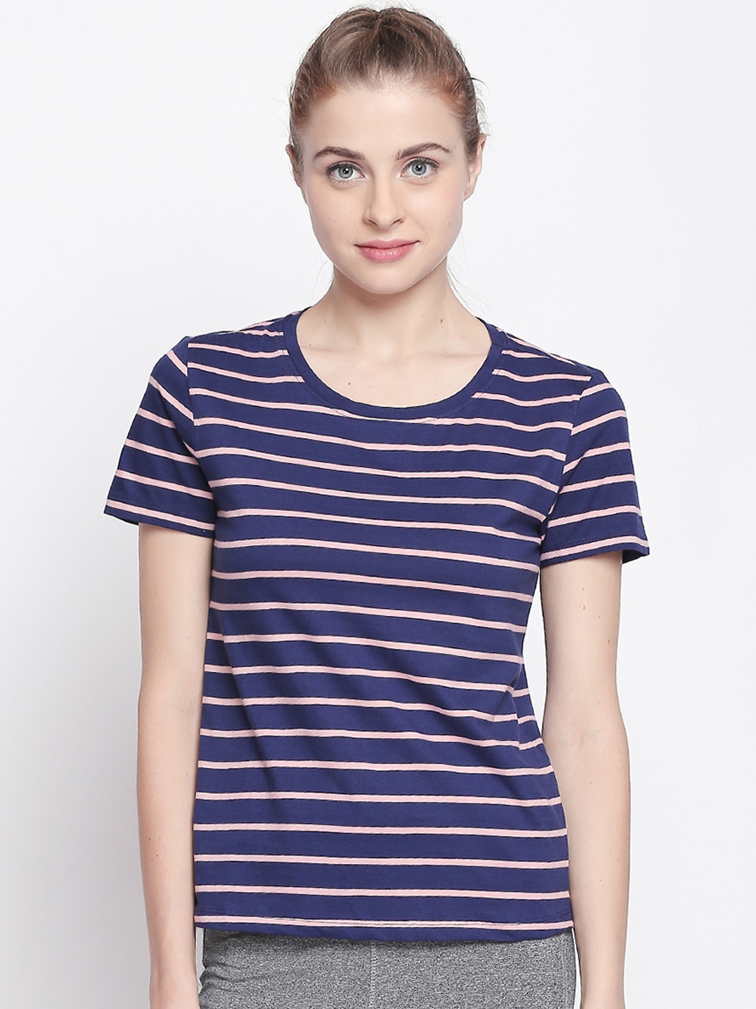 

Ajile by Pantaloons Women Navy Blue Pink Striped Round Neck Pure Cotton T-shirt