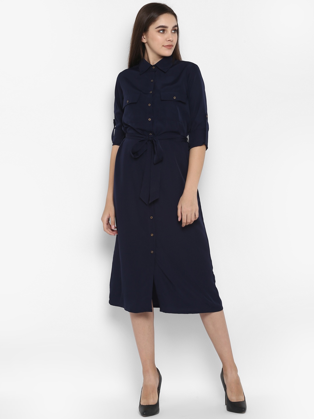 

Color Cocktail Women Navy Blue Solid Shirt Dress