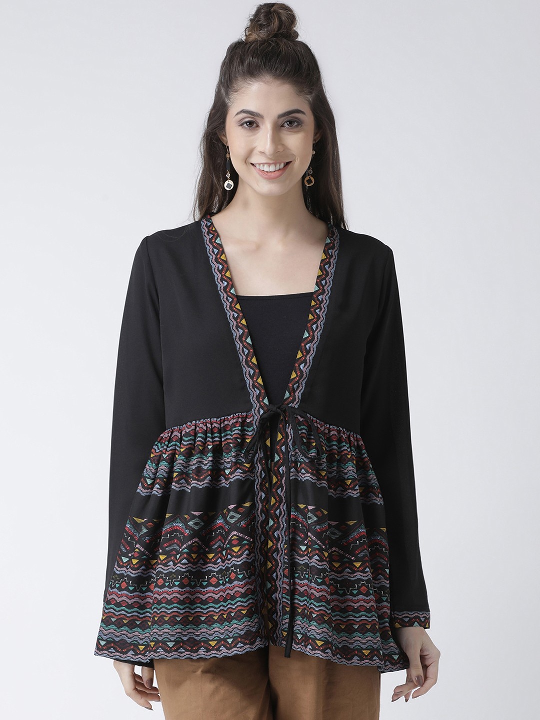 

KASSUALLY Women Black Printed Tie-Up Shrug