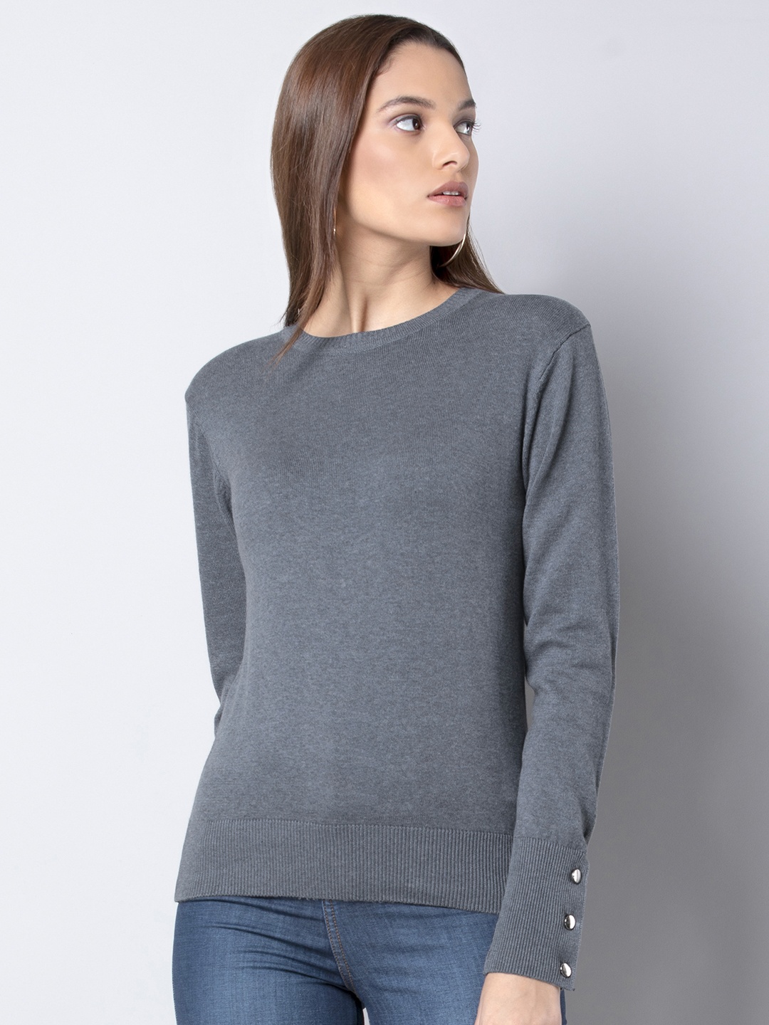 

FabAlley Women Grey Solid Pullover Sweater