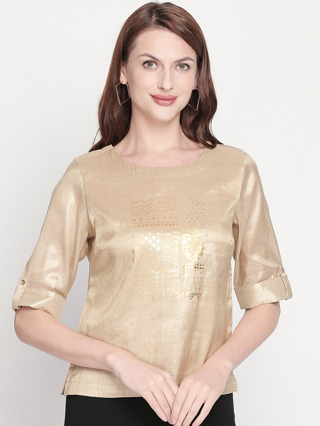 

AKKRITI BY PANTALOONS Women Gold-Coloured Printed Pure Cotton Top
