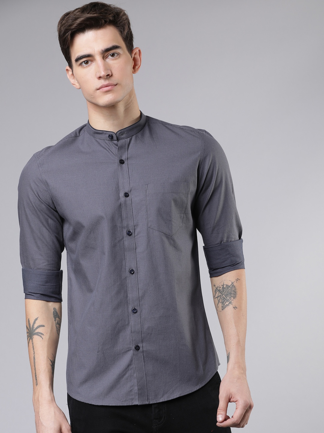 

HIGHLANDER Men Grey & Navy Blue Slim Fit Checked Casual Shirt