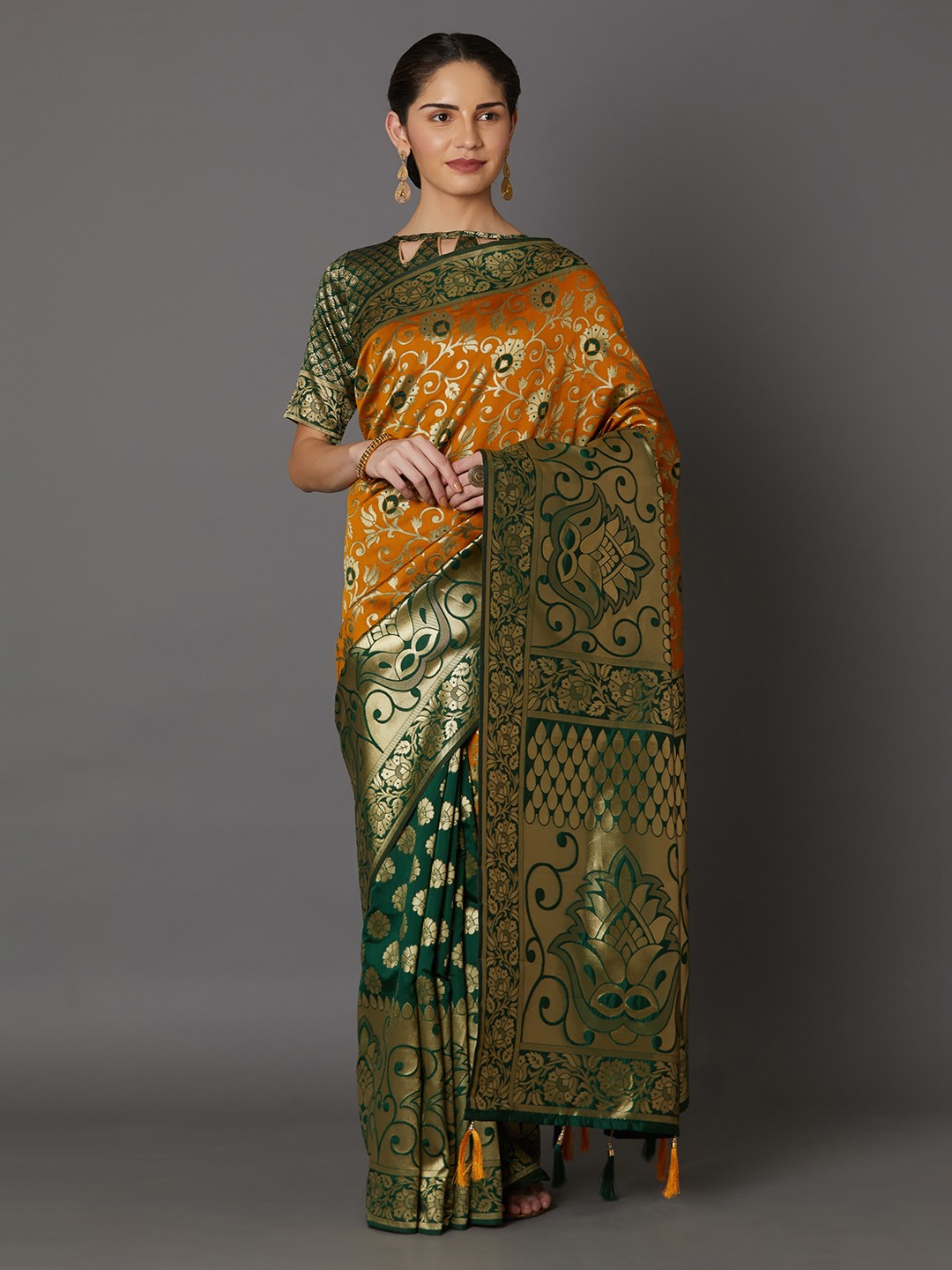 

Mitera Mustard Yellow & Green Silk Blend Woven Design Kanjeevaram Saree
