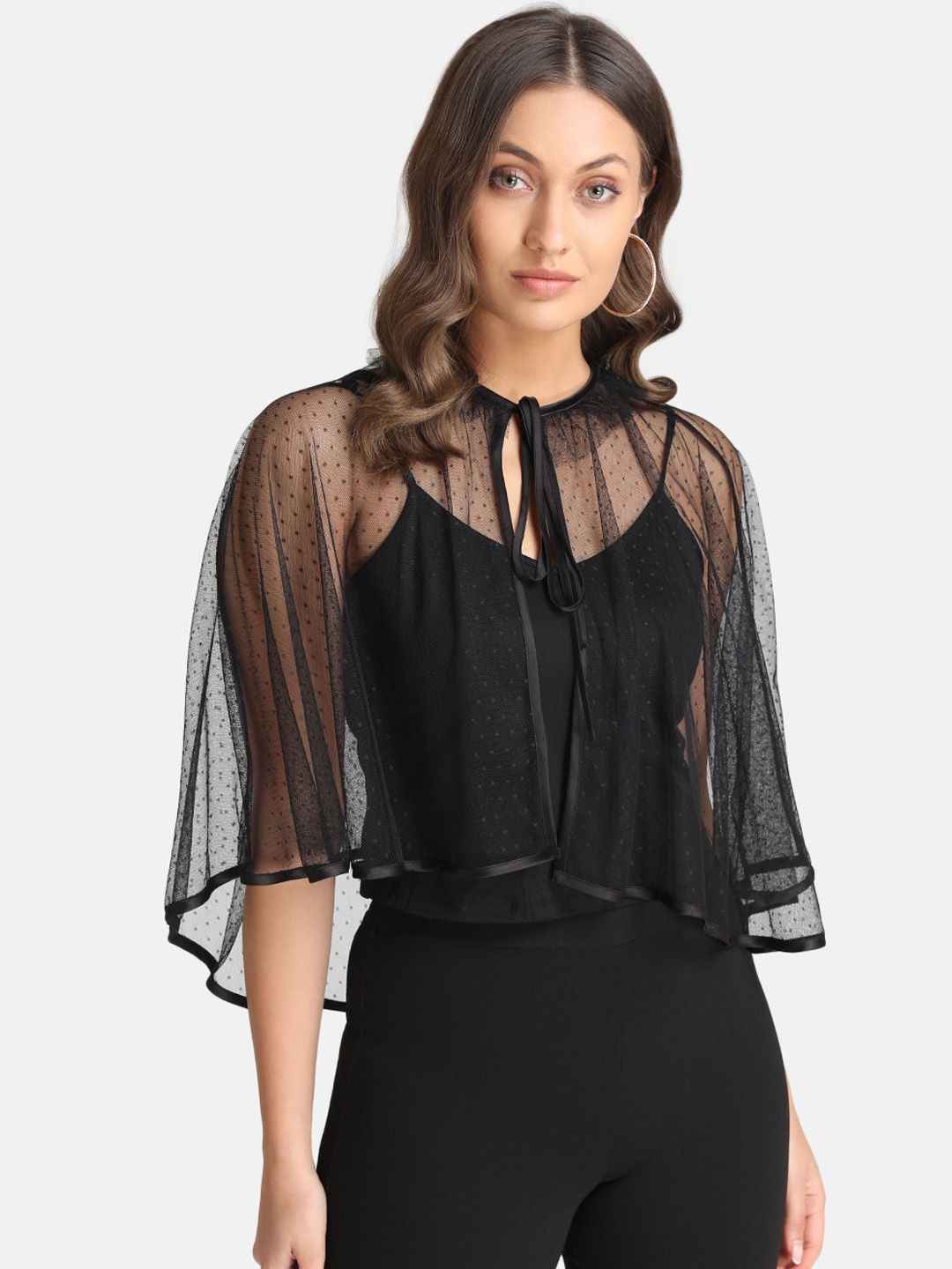 

Kazo Women Black Self Design Tie-Up Light Weight Flared Cape Shrug