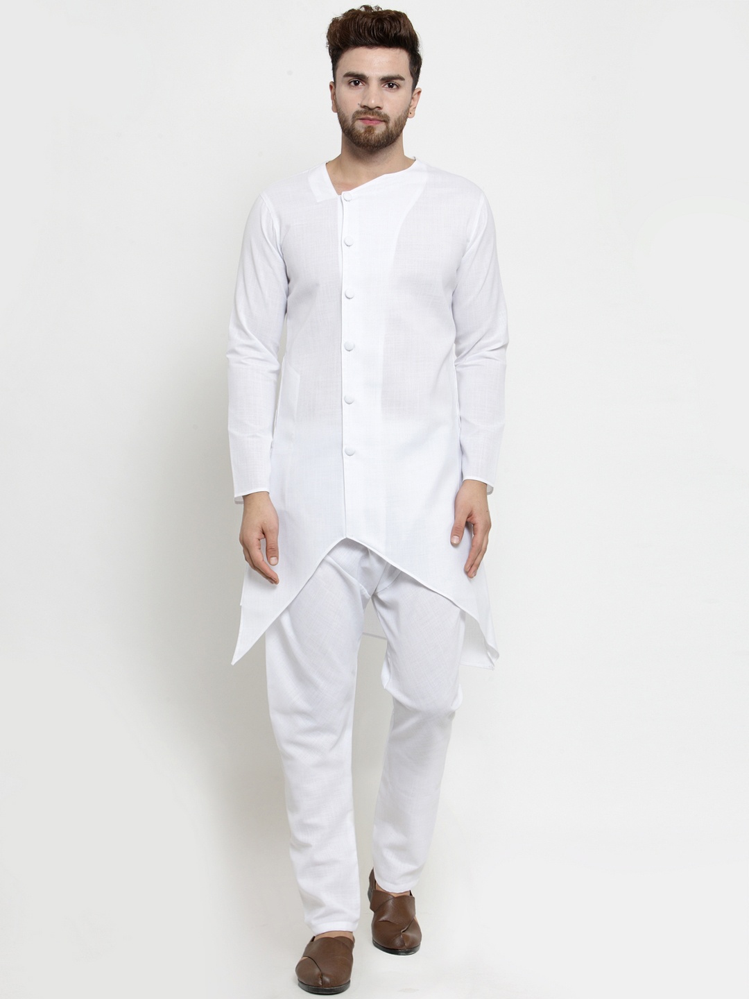 

TREEMODA Men White Solid Linen Kurta with Pyjamas