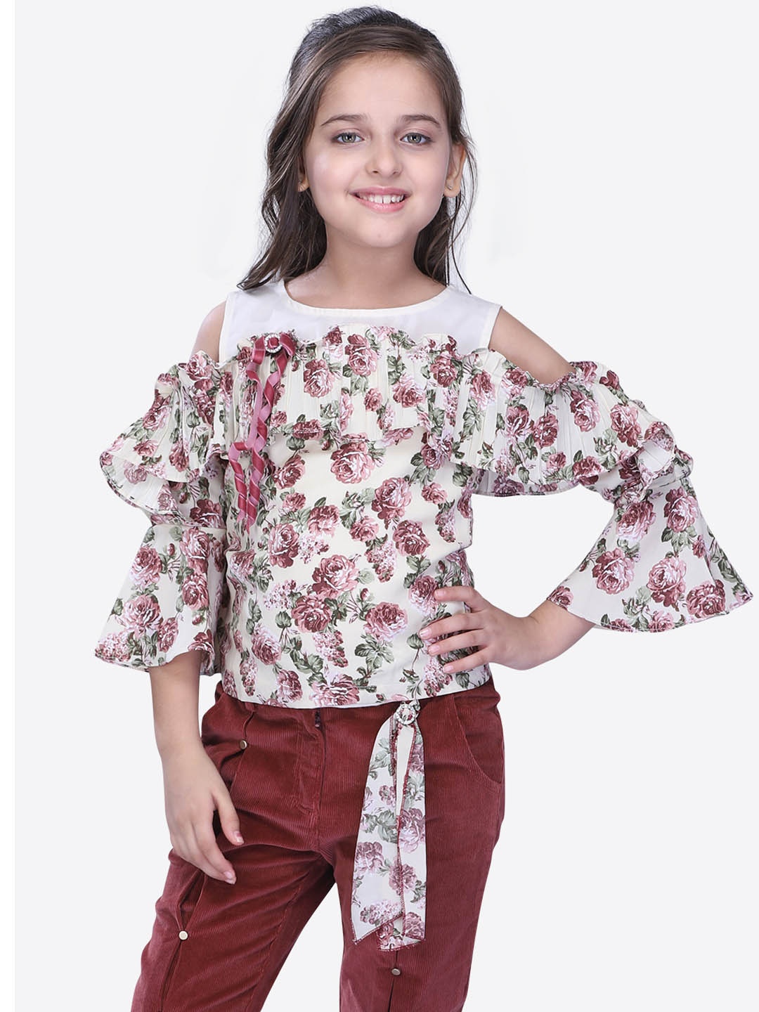 

CUTECUMBER Girls Cream-Coloured & Pink Floral Print Top