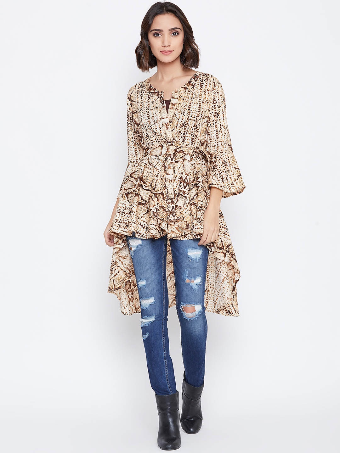 

Zastraa Women Beige Animal Printed Waterfall Shrug