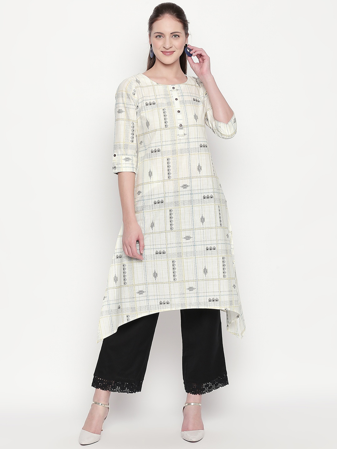 

RANGMANCH BY PANTALOONS Women Off-White Printed Asymmetric A-Line Kurta