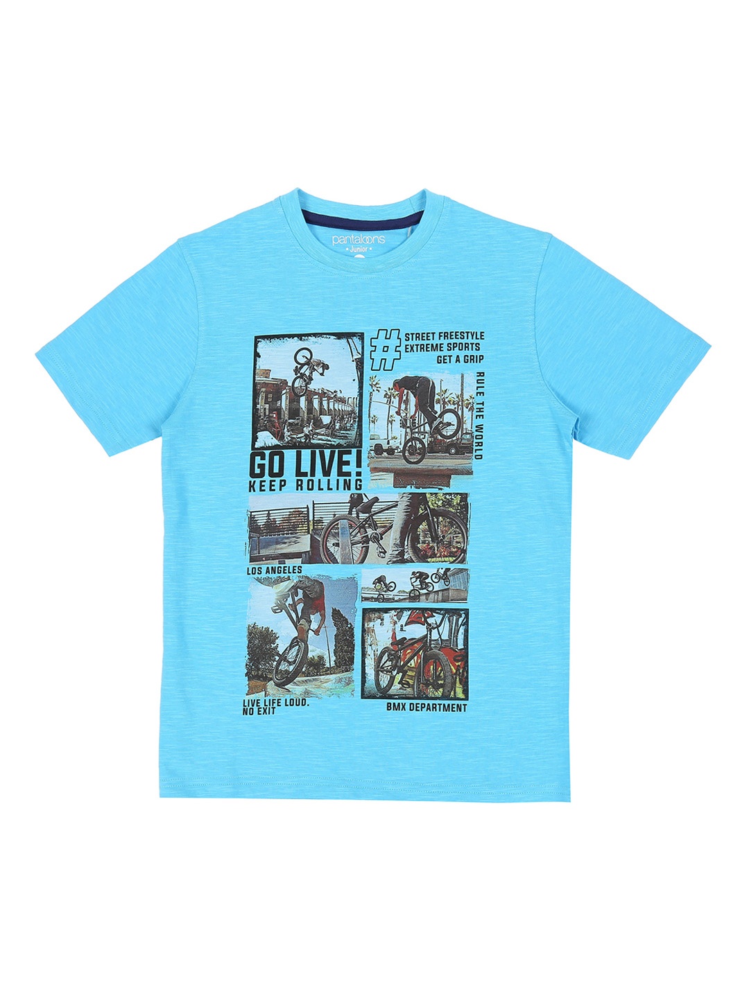 

Pantaloons Junior Boys Turquoise Blue Printed Round Neck Pure Cotton T-shirt