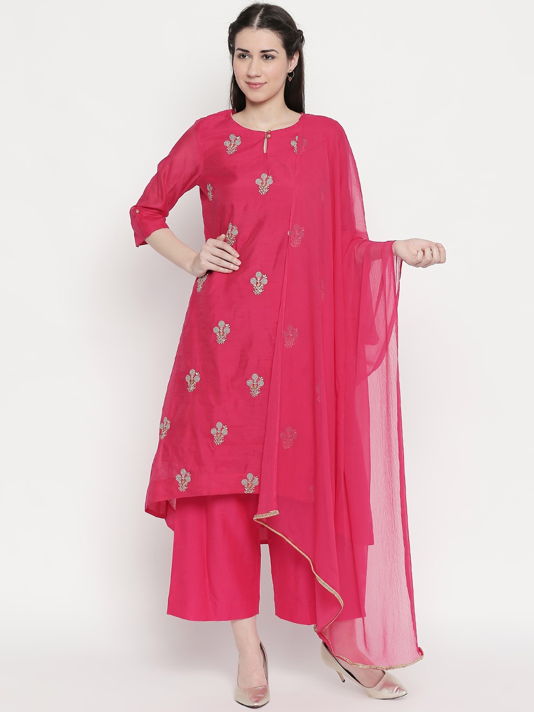 

RANGMANCH BY PANTALOONS Women Fuchsia Pink Embroidered Kurta with Palazzos & Dupatta