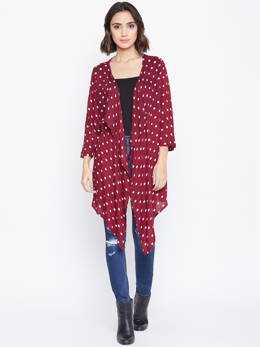 

Zastraa Women Rust Brown & White Printed Open Front Shrug