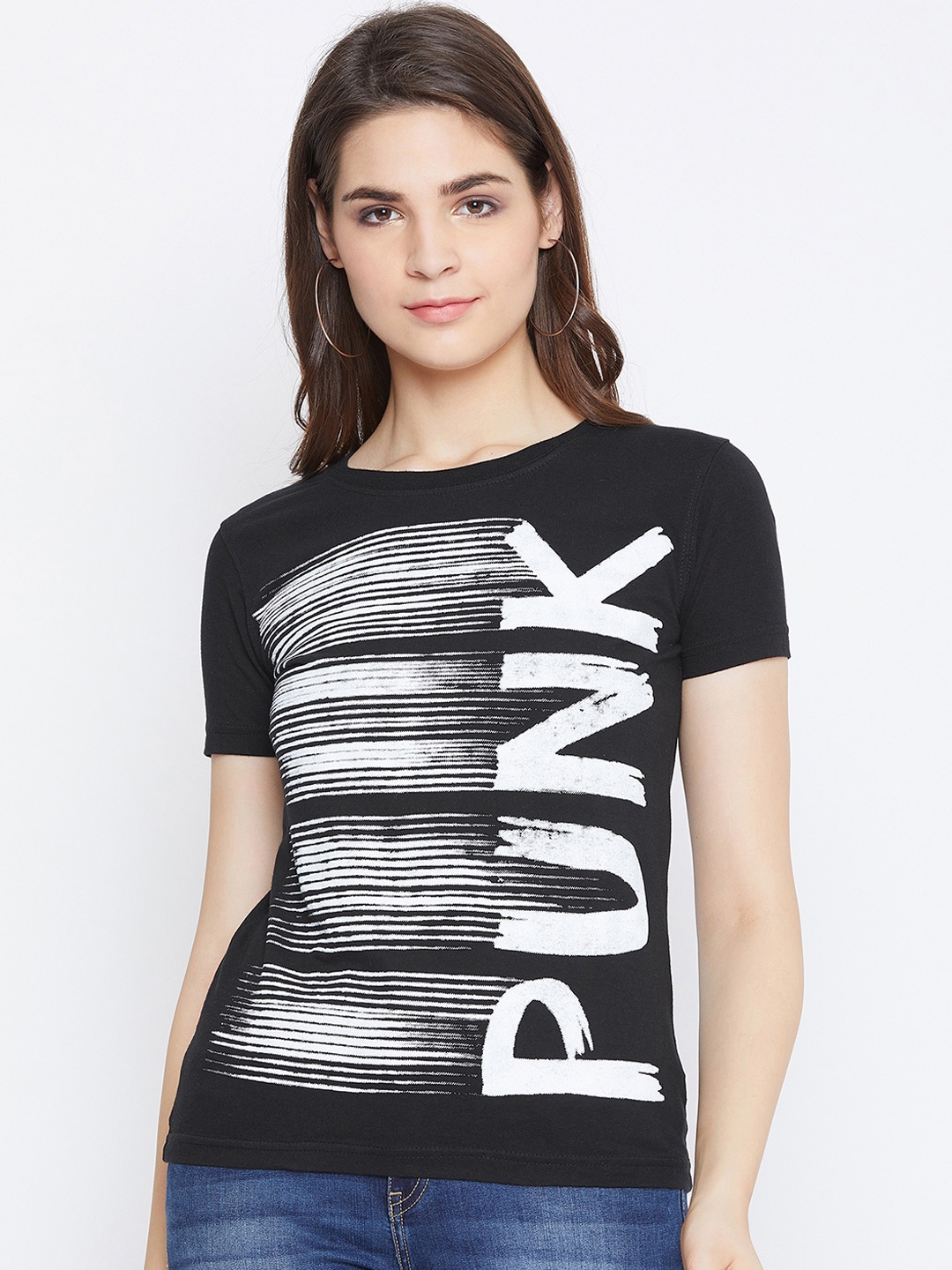 

PUNK Women Black & White Printed Round Neck T-shirt