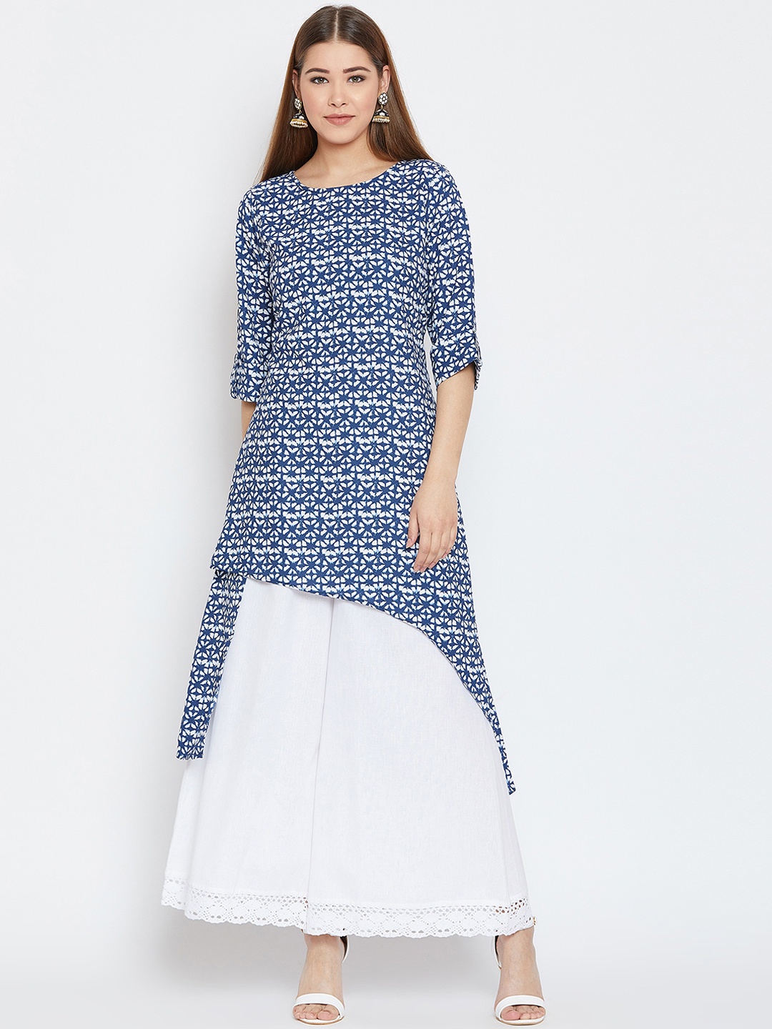 

One of a Kind Women Navy Blue & White Printed Calf-Length Asymmetric Kurta