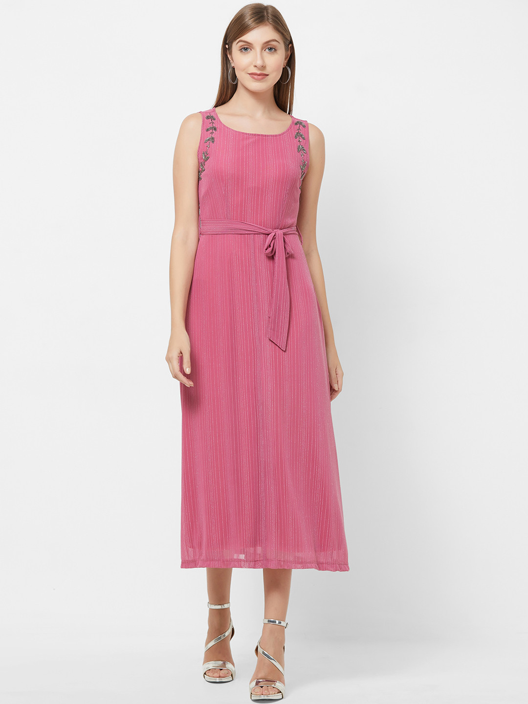

Bkind Women Pink Striped Embellished Fit and Flare Dress