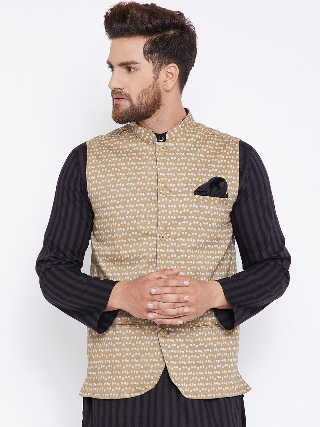 

even Men Beige & White Printed Pure Cotton Nehru Jacket